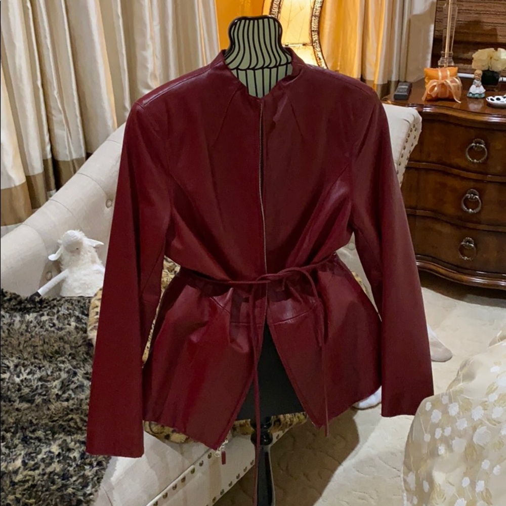Burgundy Belted Leather Jacket